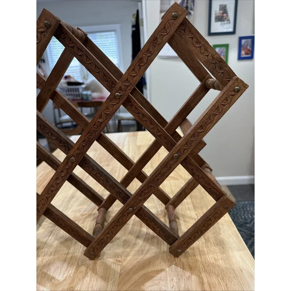 Vintage Wooden Wine Rack Expandable MCM Folding 8-10 Bottle Counter Top